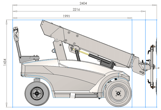 Technische tekening van een Robby 600 glasrobot met afmetingen