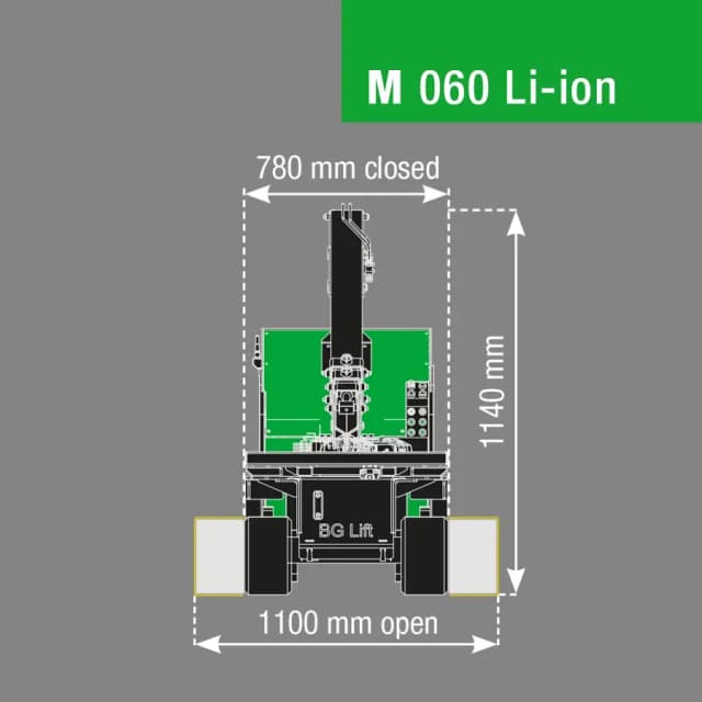 Technische tekening van de BG Lift M060 Li-ion met afmetingen en lastdiagram