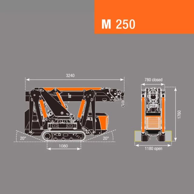 BG Lift M250 technische tekening met afmetingen en werkbereik