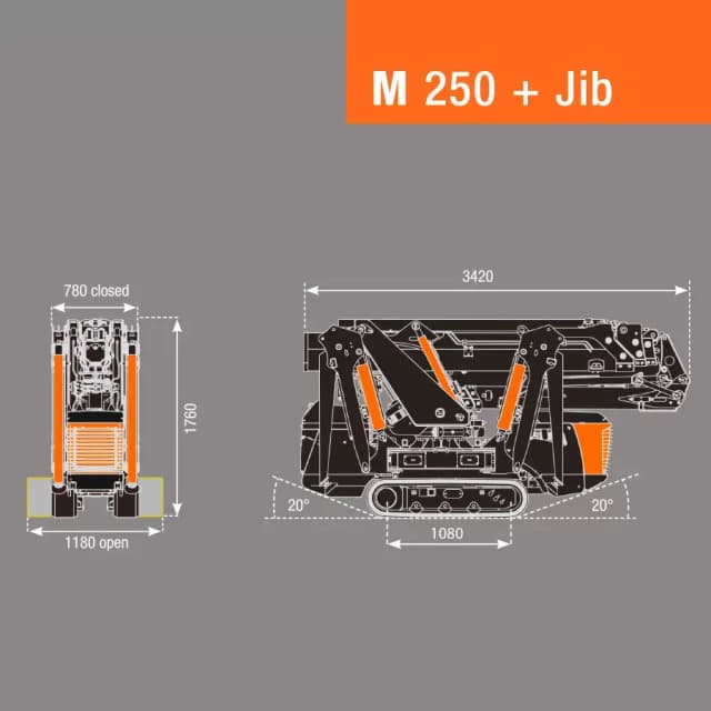 Technische maattekening van BG Lift M250 minihijskraan