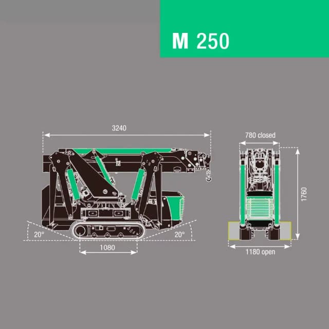 Technische tekening en lastdiagram van de BG Lift M250 Li-ion