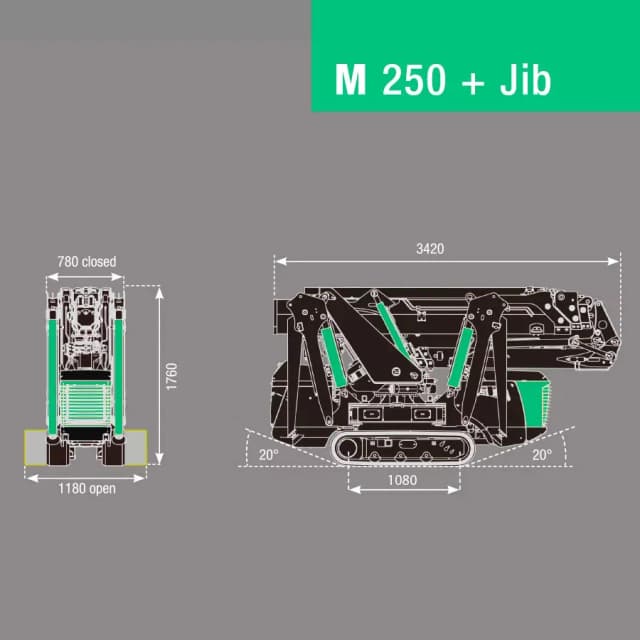 Technische tekening van de BG Lift M250 Li-ion met afmetingen