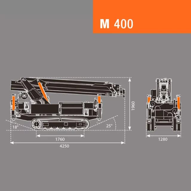 Technische tekening van de BG Lift M400 met afmetingen