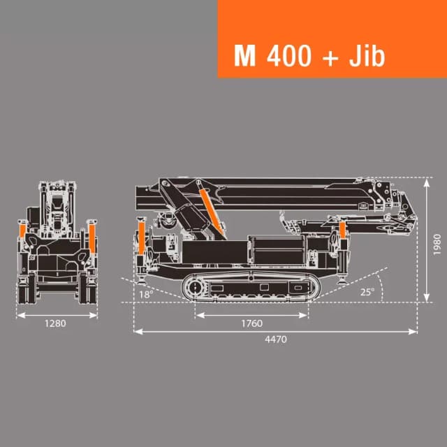 Technische tekening en lastdiagram van de BG Lift M400