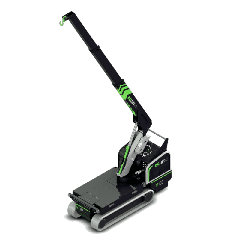 Technische tekening en lastdiagram van de BG Lift M100 Li-ion