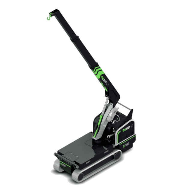 Technische tekening en lastdiagram van de BG Lift M100 Li-ion