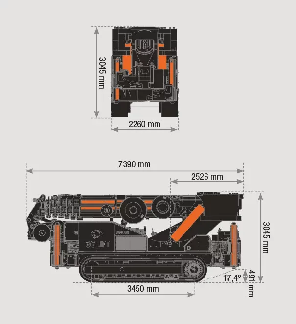 Hijsdiagram van de BG Lift M4000 met verschillende hijslasten