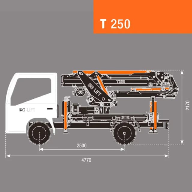 Technische tekening en lastdiagram van de BG Lift T250