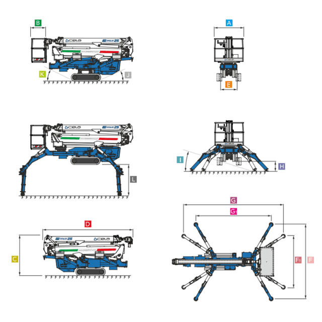 Werkdiagram van een Cela DT Crawler 25 spinhoogwerker met bereik