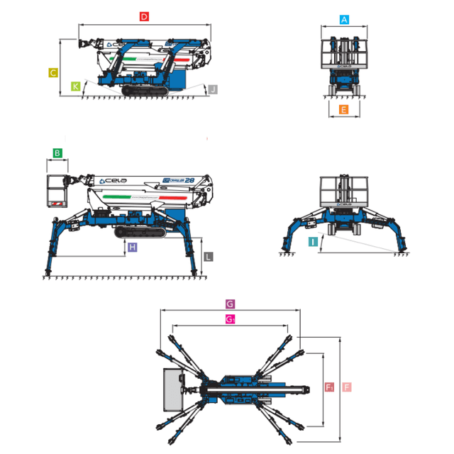 Technische specificaties en werkbereik Cela DT Crawler 28 spinhoogwerker