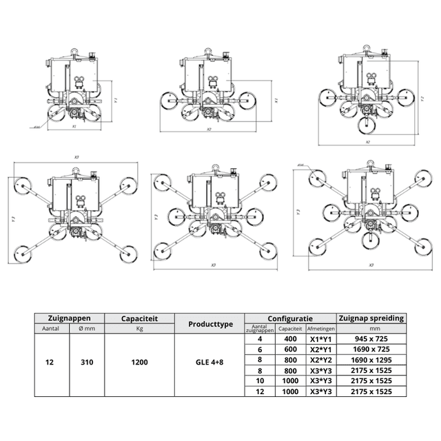 Technische tekening Righetti GLE4+8 glaszuiger 