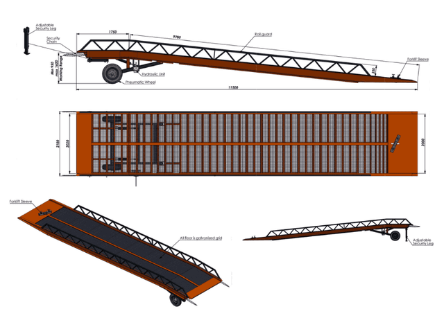 Technische tekening Saurus mobiele laadbrug voor machines en bouwmaterieel